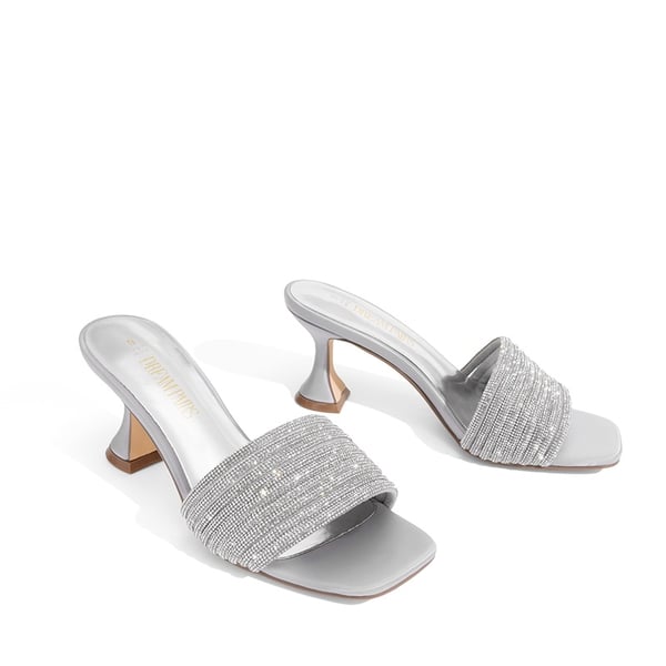 Rhinestone Flared Heel Sandals - SILVER - 4